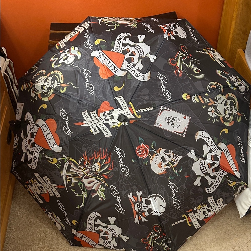 Ed Hardy Black Tattoo-Print Compact Umbrella with Red and Yellow Accents